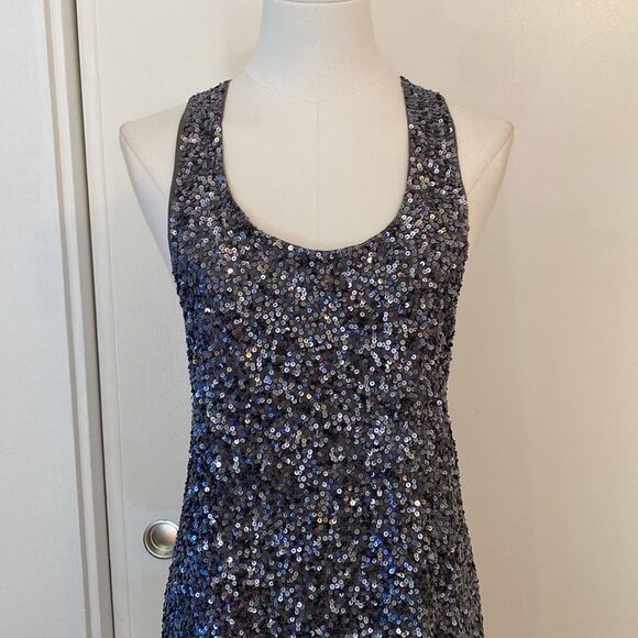 Alice + Olivia Silk Gray Blue Sequin A-line Shift Tank Mini Dress Size Small - Picture 3 of 13